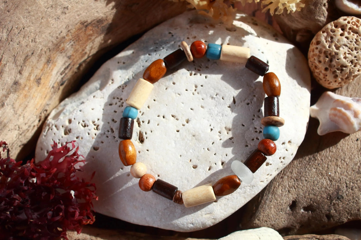Unisex Stretch Wooden Beaded Surfer Sea Glass Bangle