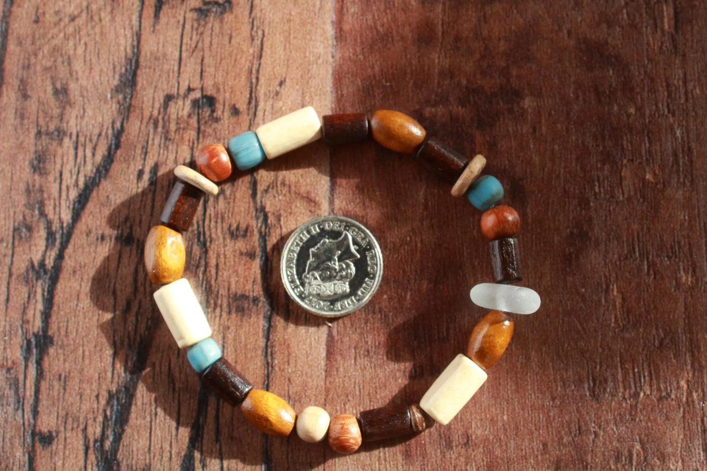 Unisex Stretch Wooden Beaded Surfer Sea Glass Bangle