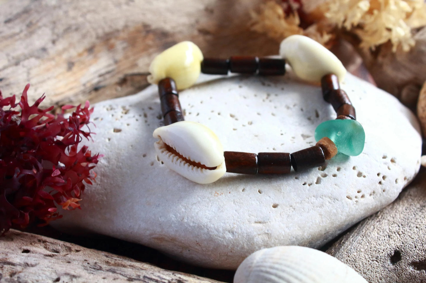 Stretch Wooden Beaded Surfer Sea Glass Shell Bangle