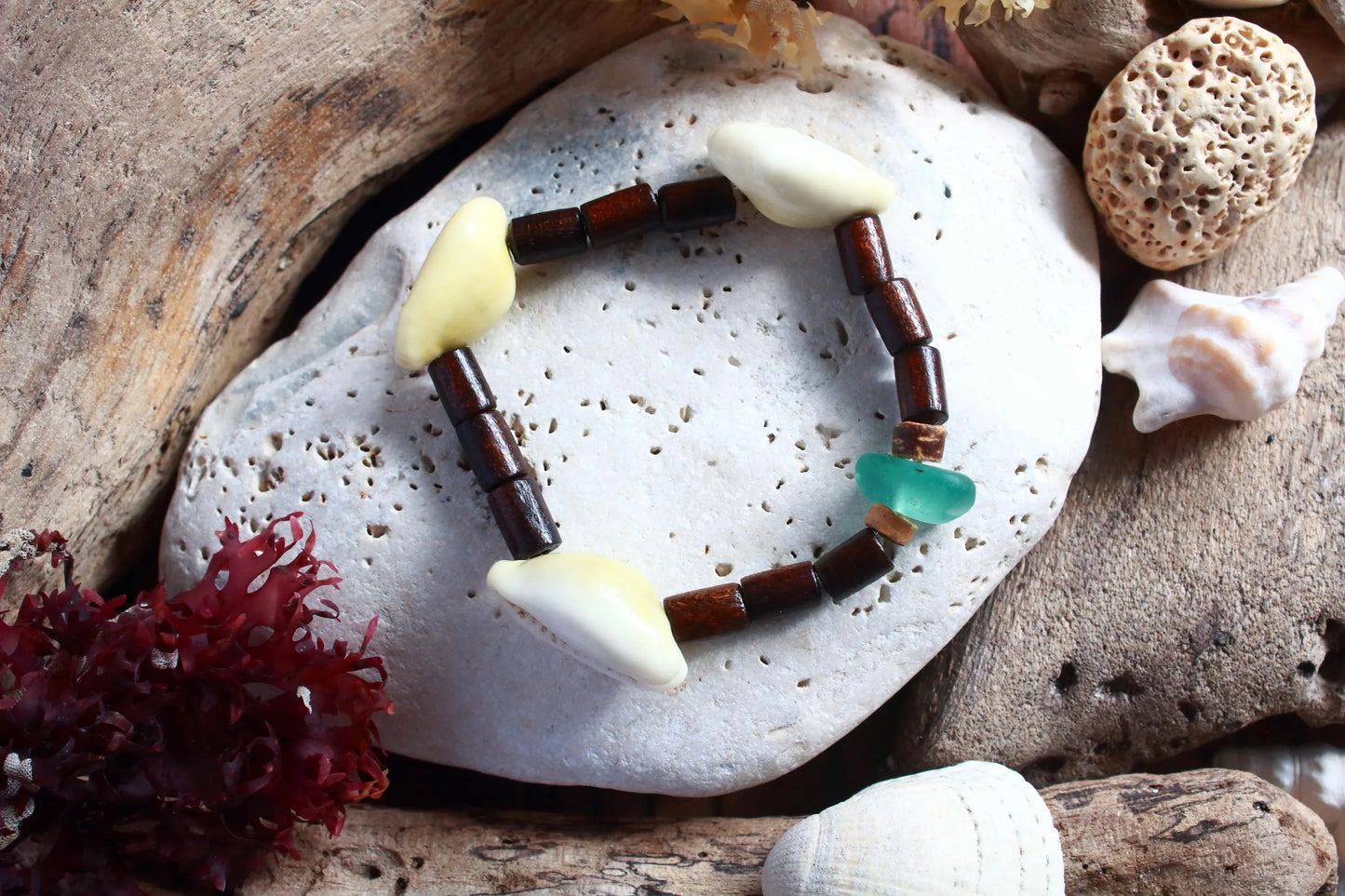 Stretch Wooden Beaded Surfer Sea Glass Shell Bangle