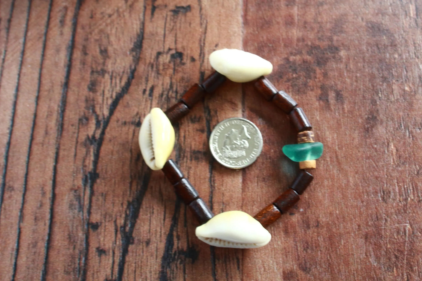 Stretch Wooden Beaded Surfer Sea Glass Shell Bangle