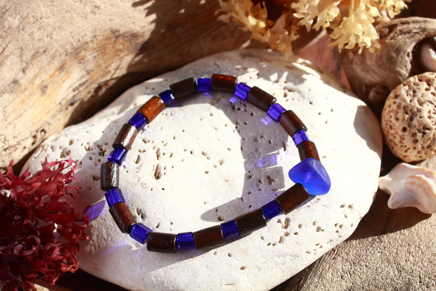 Cobalt Blue Beaded Wooden Bangle