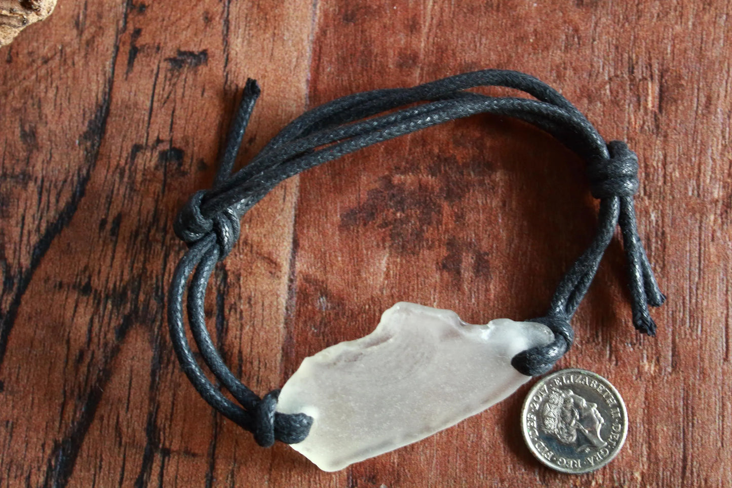 Unisex Surfer Bracelet White Sea Glass Black Cord