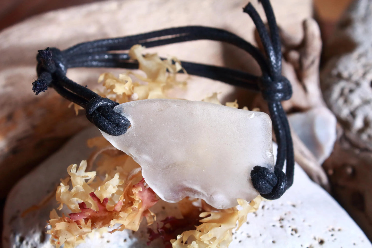Unisex Surfer Bracelet White Sea Glass Black Cord