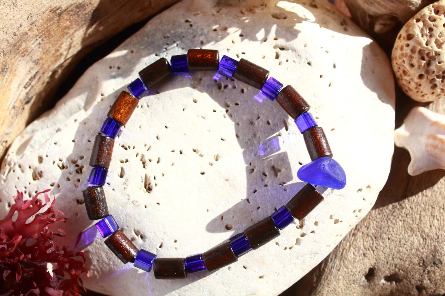Cobalt Blue Beaded Wooden Bangle