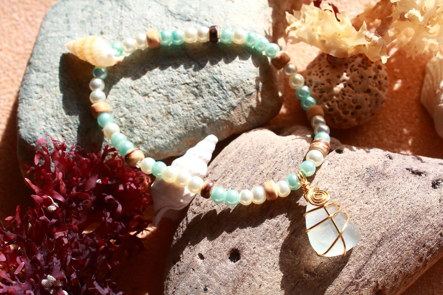 Sea Glass & Shell Gold Stretch Bangle