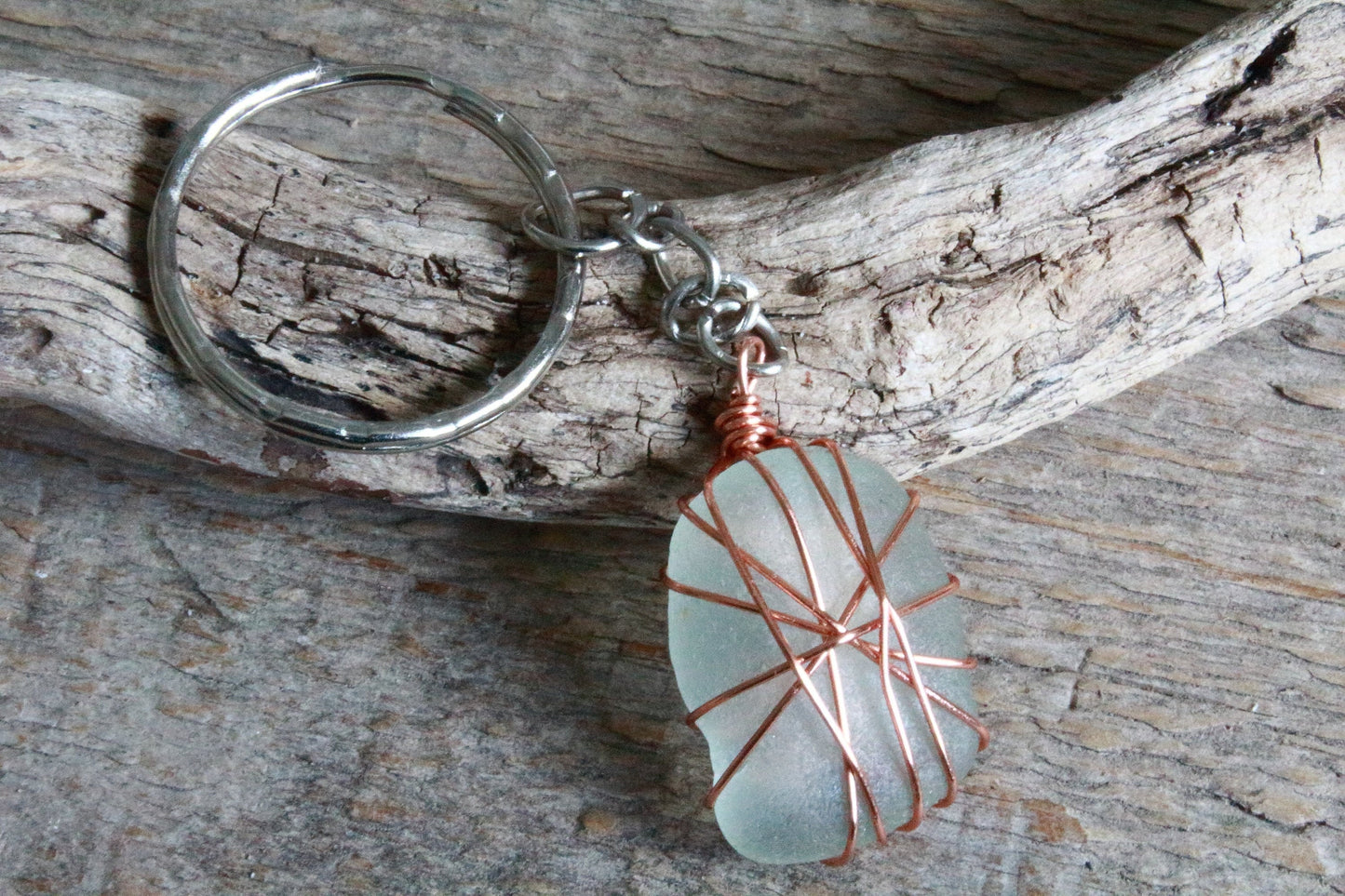 White Copper Sea Glass Keyring