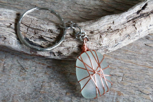 White Copper Sea Glass Keyring