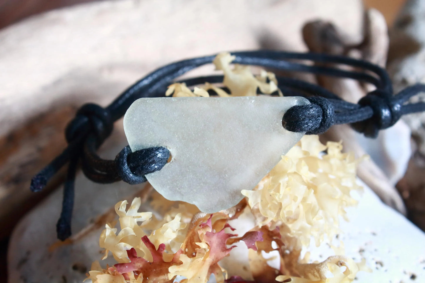 White Sea Glass Unisex Black Cord Surfer Bracelet