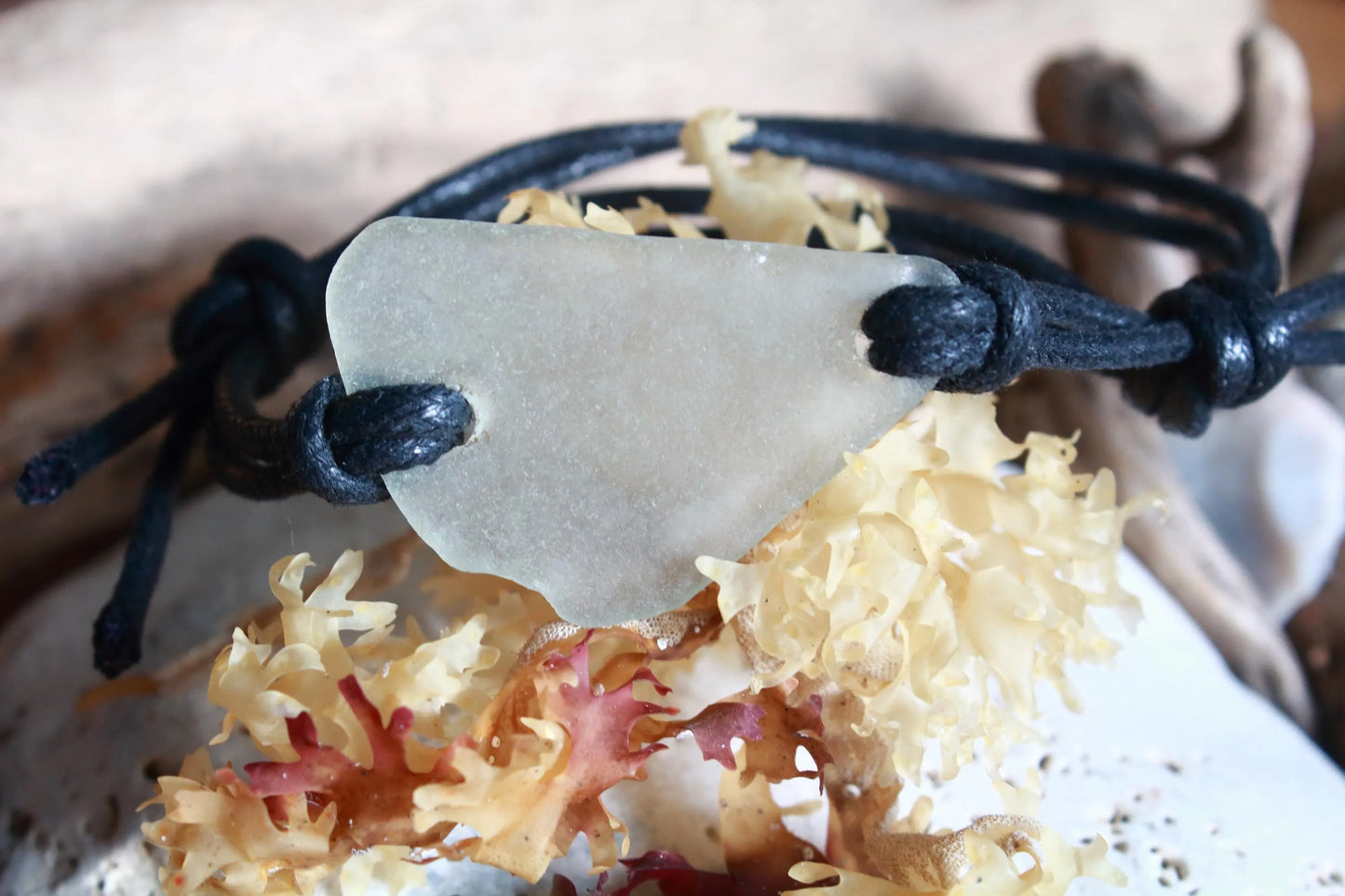 White Sea Glass Unisex Black Cord Surfer Bracelet