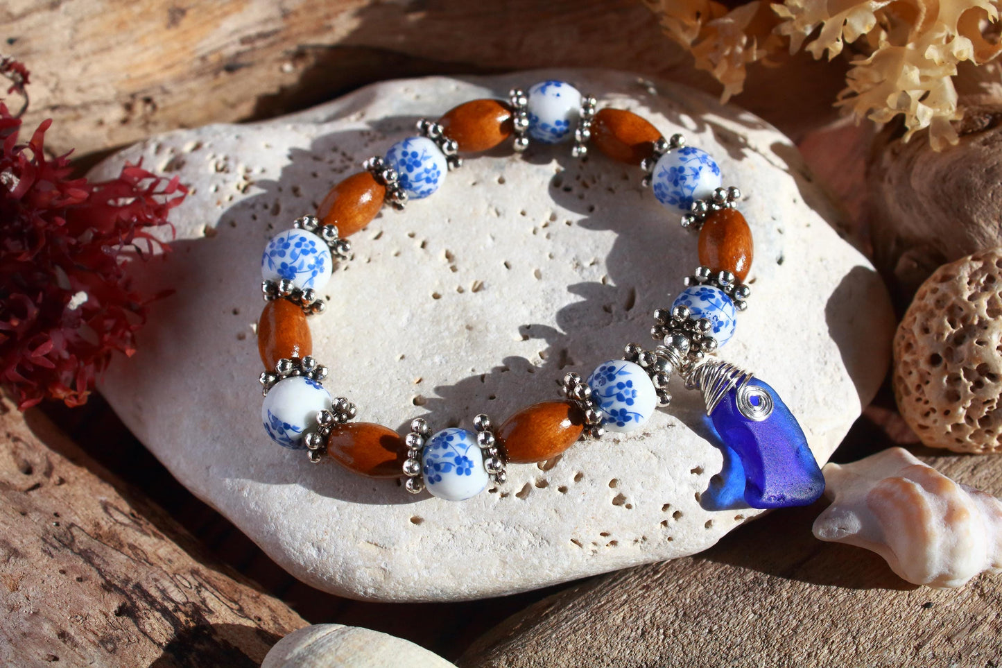 Blue Floral Wooden Beaded Bracelet