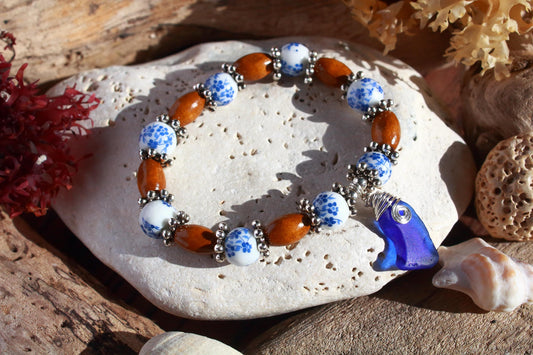 Blue Floral Wooden Beaded Bracelet