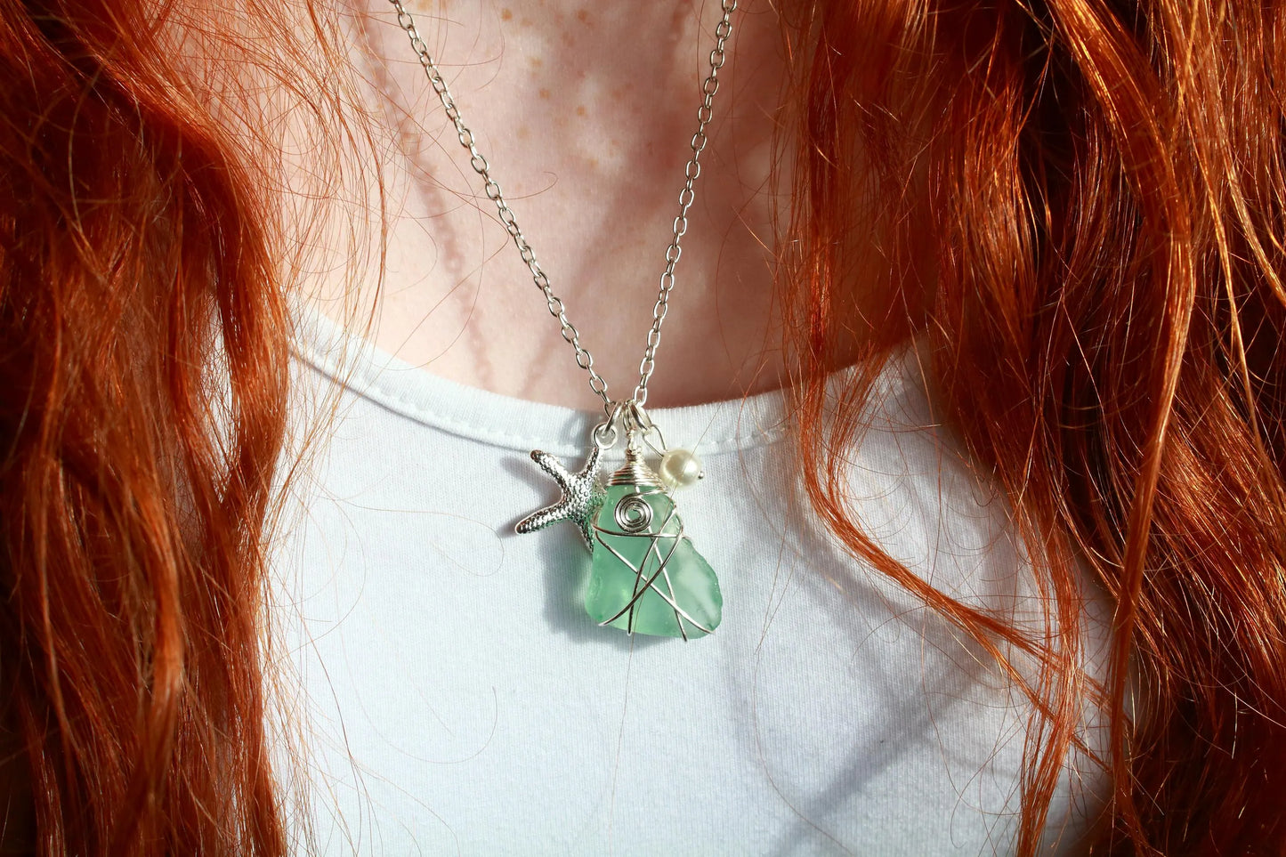 Silver Starfish Seafoam Pearl Necklace