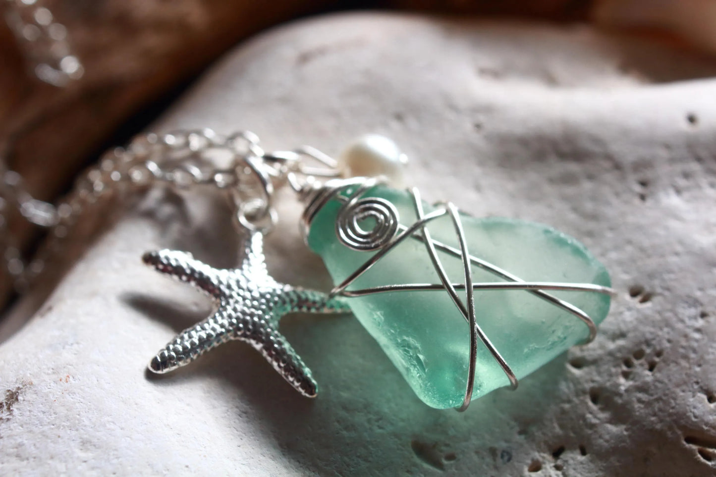 Silver Starfish Seafoam Pearl Necklace