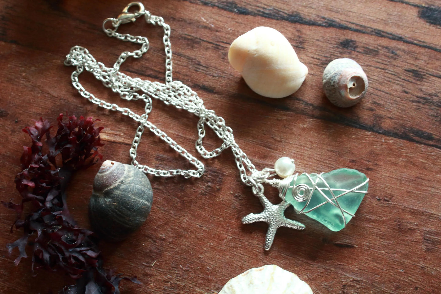 Silver Starfish Seafoam Pearl Necklace