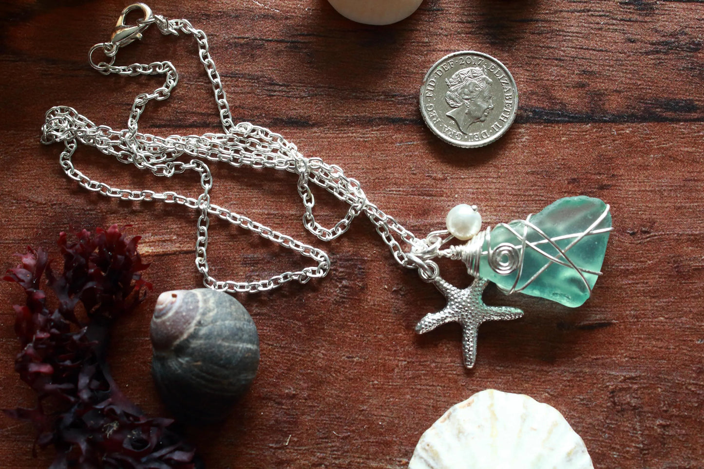 Silver Starfish Seafoam Pearl Necklace