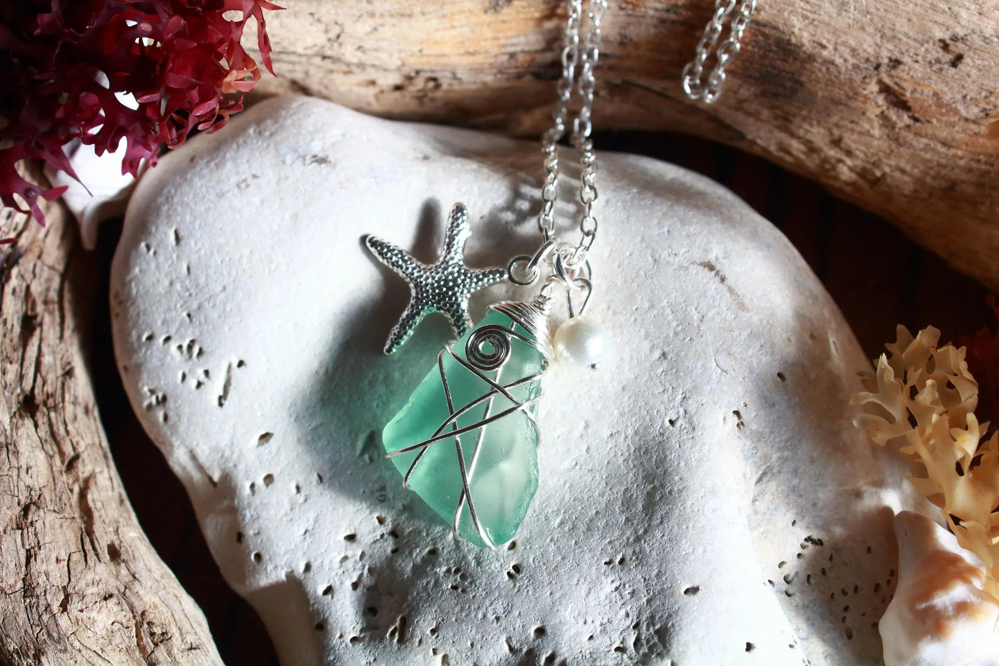 Silver Starfish Seafoam Pearl Necklace